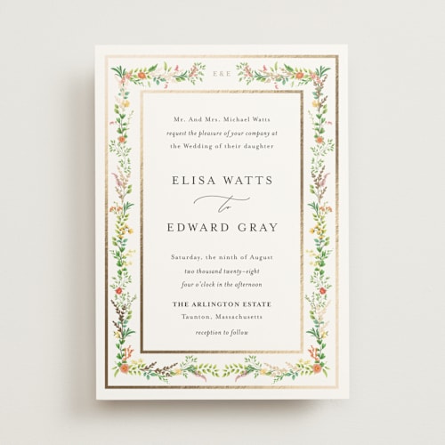 This is a tropical foil stamped wedding invitations with foil pressed by Susan Moyal called blooming vine printing on signature in standard