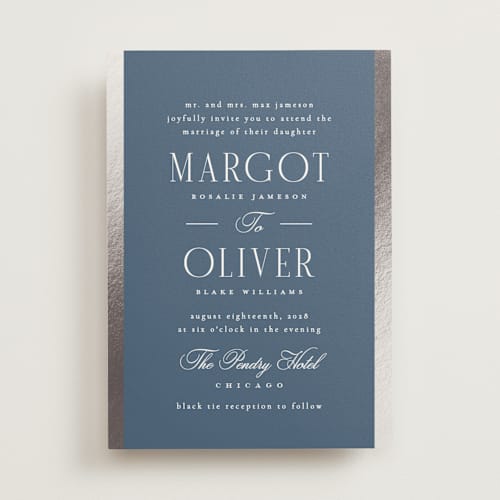 This is a navy foil stamped wedding invitations with foil pressed by Kristie Kern called the ritz printing on signature in standard