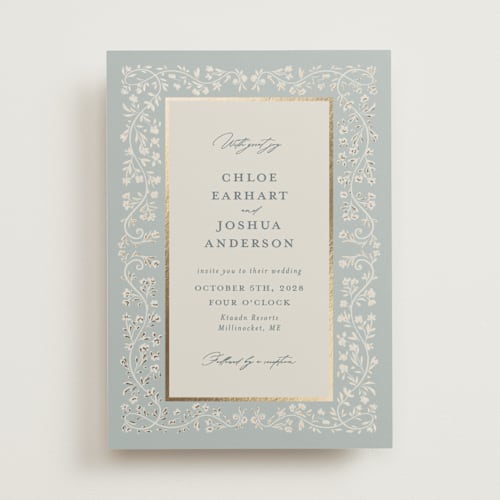 This is a something blue foil stamped wedding invitations with foil pressed by Gwen Bedat called floral romance printing on signature in standard