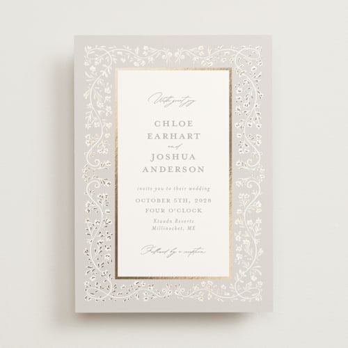 This is a veil foil stamped wedding invitations with foil pressed by Gwen Bedat called floral romance printing on signature in standard