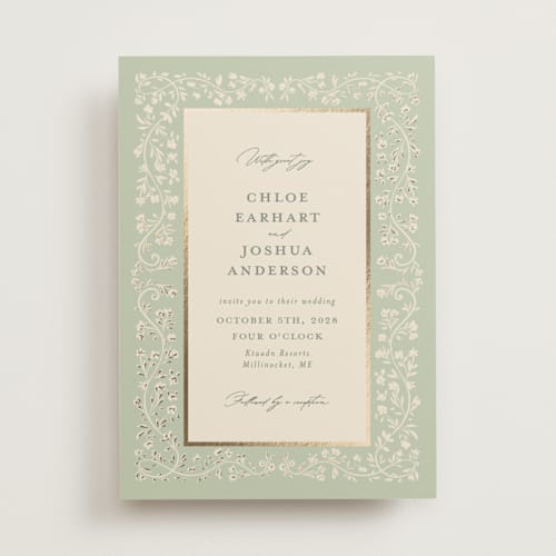 This is a mint foil stamped wedding invitations with foil pressed by Gwen Bedat called floral romance printing on signature in standard
