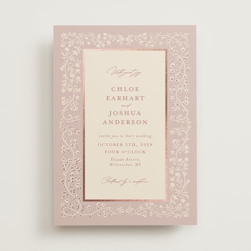 This is a rose foil stamped wedding invitations with foil pressed by Gwen Bedat called floral romance printing on signature in standard