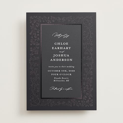 This is a noir foil stamped wedding invitations with foil pressed by Gwen Bedat called floral romance printing on signature in standard