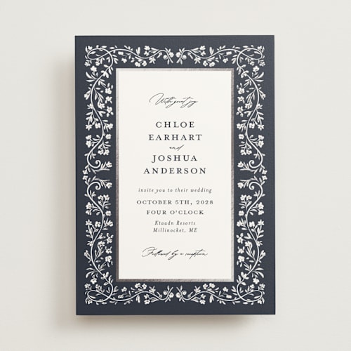 This is a sapphire foil stamped wedding invitations with foil pressed by Gwen Bedat called floral romance printing on signature in standard