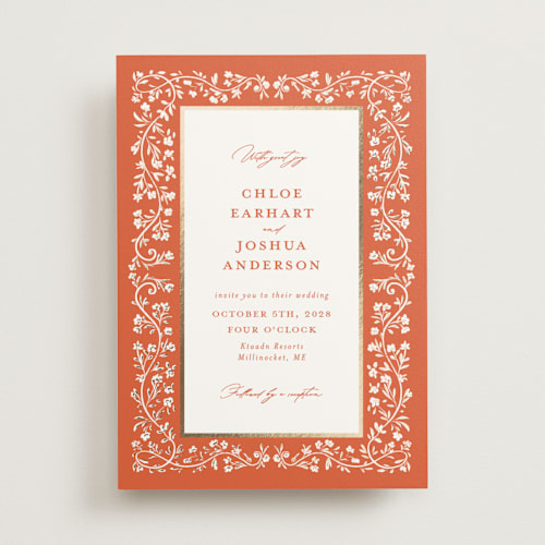 This is a verona sunset foil stamped wedding invitations with foil pressed by Gwen Bedat called floral romance printing on signature in standard