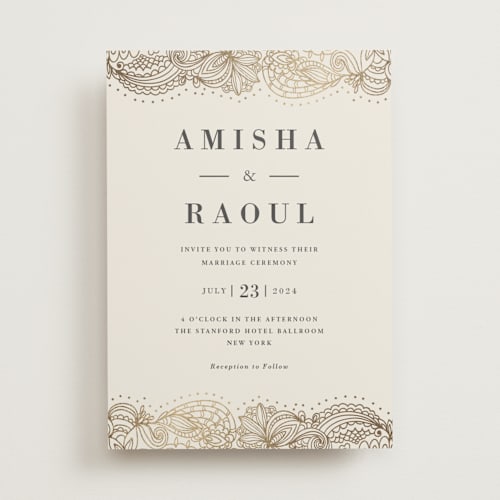 This is a champagne foil stamped wedding invitations with foil pressed by Oma N. Ramkhelawan called elegant henna printing on signature in standard