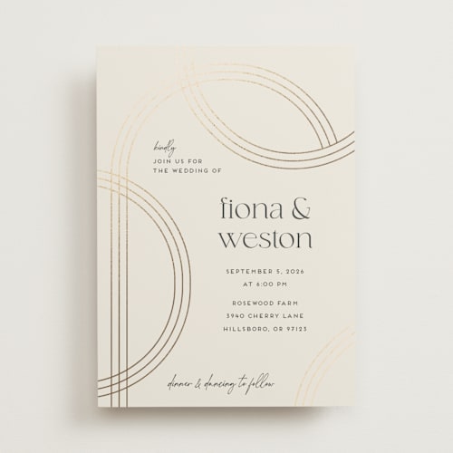 This is a chiffon foil stamped wedding invitations with foil pressed by Amy Payne called curves printing on signature in standard