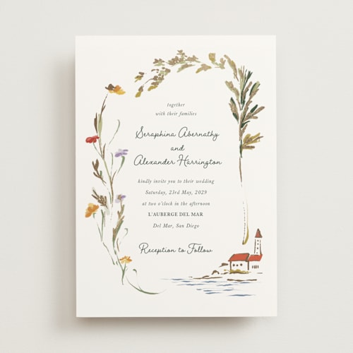 This is a garden green foil stamped wedding invitations with foil pressed by Lucrecia Caporale called coastal bloom printing on signature in standard