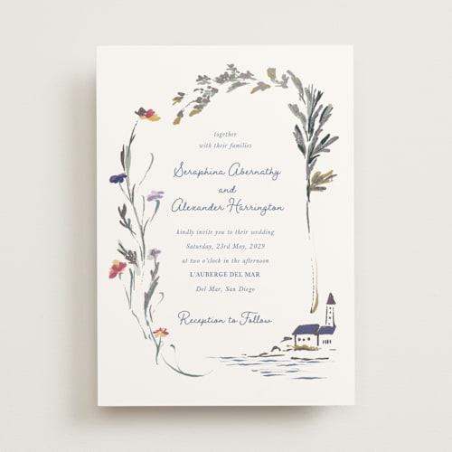 This is a deep sea foil stamped wedding invitations with foil pressed by Lucrecia Caporale called coastal bloom printing on signature in standard