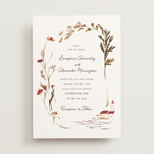 This is a merlot foil stamped wedding invitations with foil pressed by Lucrecia Caporale called coastal bloom printing on signature in standard