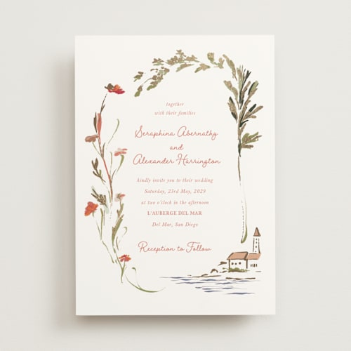This is a rose quartz foil stamped wedding invitations with foil pressed by Lucrecia Caporale called coastal bloom printing on signature in standard