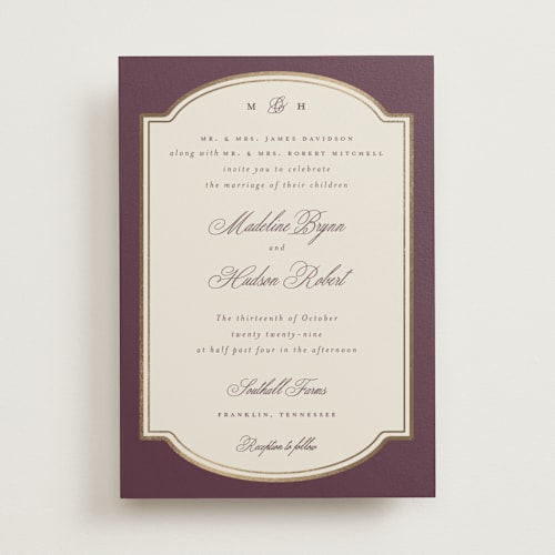 This is a sangria foil stamped wedding invitations with foil pressed by Emily Betts called arch frame printing on signature in standard