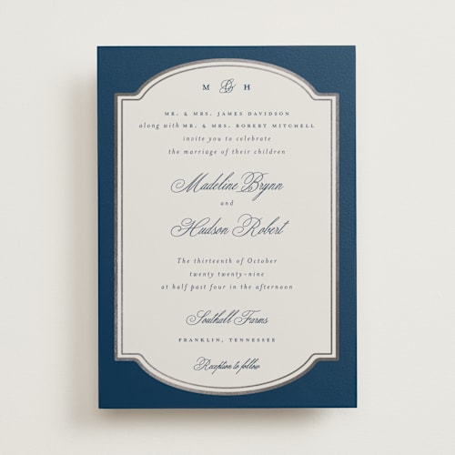 This is a sapphire foil stamped wedding invitations with foil pressed by Emily Betts called arch frame printing on signature in standard