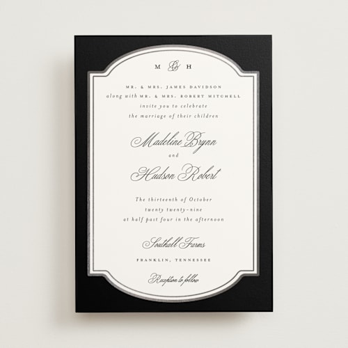 This is a tuxedo foil stamped wedding invitations with foil pressed by Emily Betts called arch frame printing on signature in standard