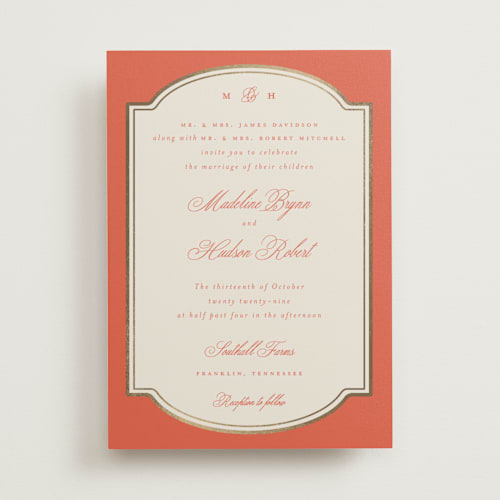 This is a sunset foil stamped wedding invitations with foil pressed by Emily Betts called arch frame printing on signature in standard