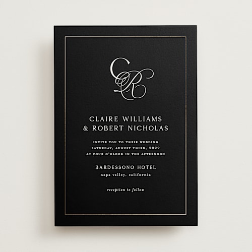 This is a midnight foil stamped wedding invitations with foil pressed by Kelly Schmidt called monogram script printing on signature in standard