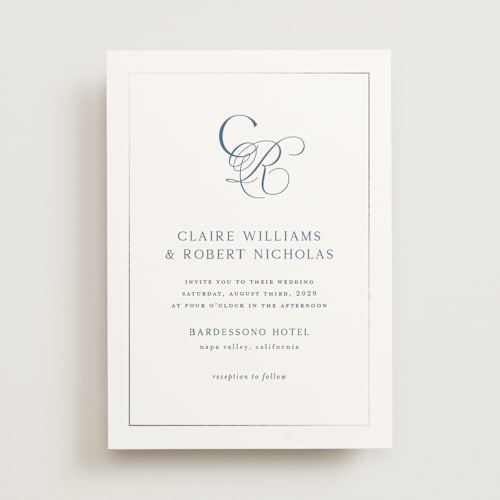 This is a ocean foil stamped wedding invitations with foil pressed by Kelly Schmidt called monogram script printing on signature in standard