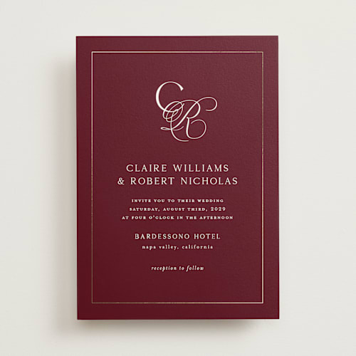 This is a vineyard foil stamped wedding invitations with foil pressed by Kelly Schmidt called monogram script printing on signature in standard