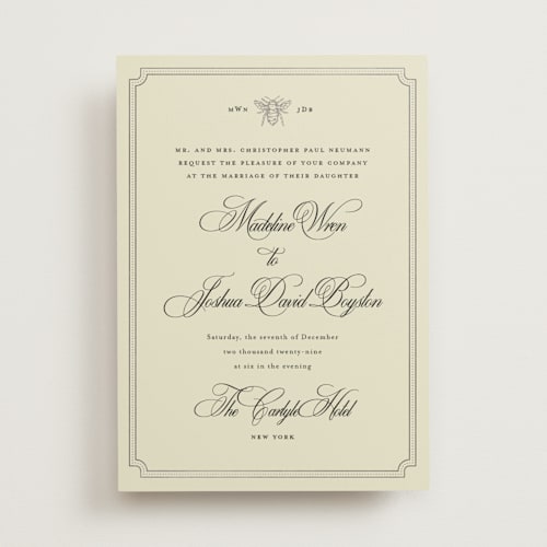 This is a cream foil stamped wedding invitations with foil pressed by Jennifer Lew called honeybee printing on signature in standard
