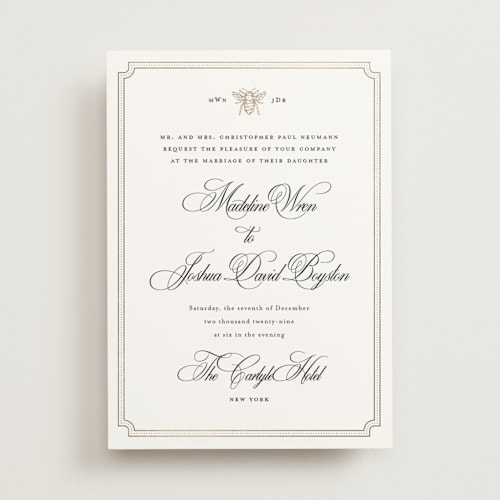 This is a linen foil stamped wedding invitations with foil pressed by Jennifer Lew called honeybee printing on signature in standard