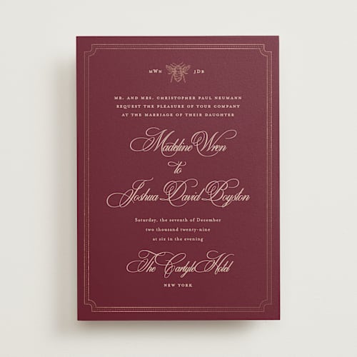 This is a scarlet foil stamped wedding invitations with foil pressed by Jennifer Lew called honeybee printing on signature in standard