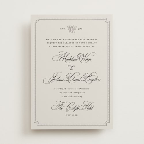 This is a greige foil stamped wedding invitations with foil pressed by Jennifer Lew called honeybee printing on signature in standard