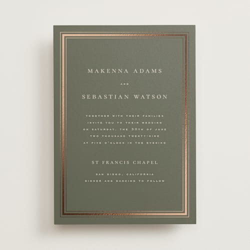 This is a eucalyptos foil stamped wedding invitations with foil pressed by Wildfield Paper Co called hampton printing on signature in standard