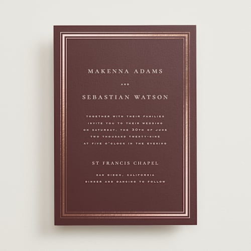 This is a burgundy foil stamped wedding invitations with foil pressed by Wildfield Paper Co called hampton printing on signature in standard