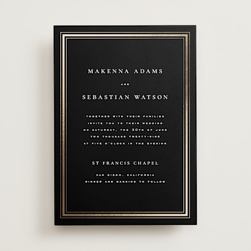 This is a black tie foil stamped wedding invitations with foil pressed by Wildfield Paper Co called hampton printing on signature in standard
