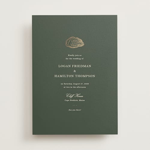 This is a moss foil stamped wedding invitations with foil pressed by Jennifer Lew called cove printing on signature in standard