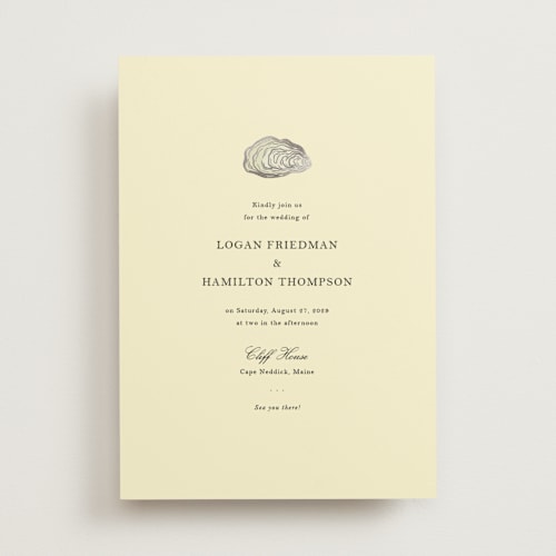 This is a butter foil stamped wedding invitations with foil pressed by Jennifer Lew called cove printing on signature in standard