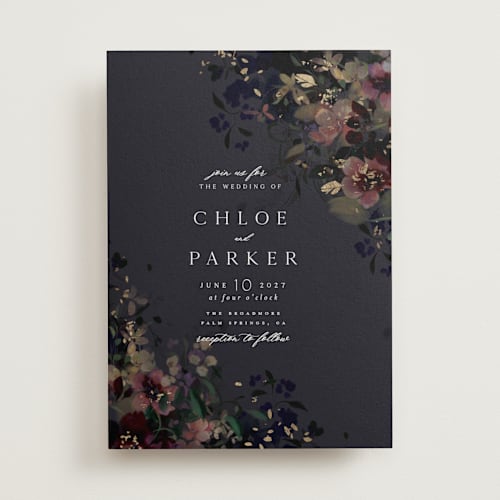 This is a midnight foil stamped wedding invitations with foil pressed by Grace Kreinbrink called vintage rose garden printing on signature in standard