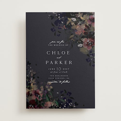 This is a midnight foil stamped wedding invitations with foil pressed by Grace Kreinbrink called vintage rose garden printing on signature in standard