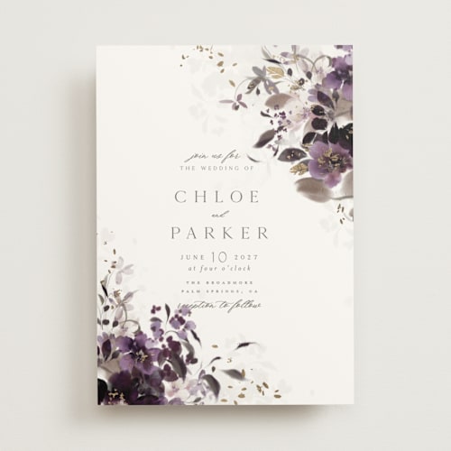This is a plum foil stamped wedding invitations with foil pressed by Grace Kreinbrink called vintage rose garden printing on signature in standard