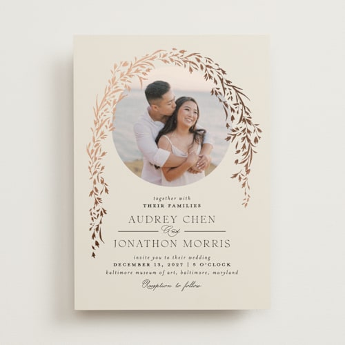 This is a almond foil stamped wedding invitations with foil pressed by Erin L. Wilson called trailing vines printing on signature in standard