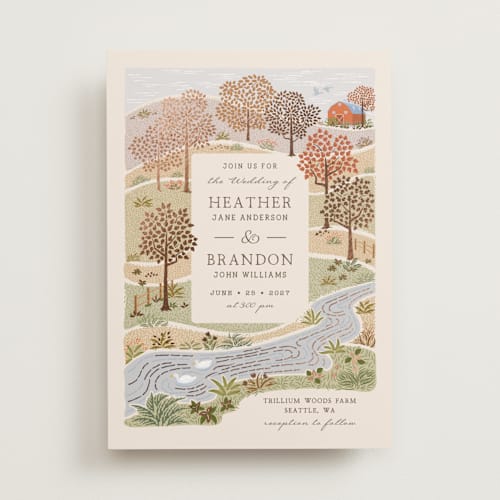 This is a autumnal foil stamped wedding invitations with foil pressed by Paper Sun Studio called countryside printing on signature in standard