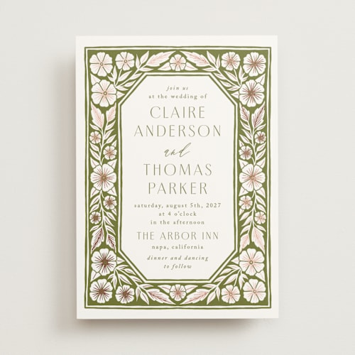 This is a avocado foil stamped wedding invitations with foil pressed by Katharine Watson called inlay frame printing on signature in standard