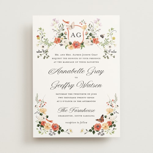 This is a verona sunset foil stamped wedding invitations with foil pressed by Sarah Knight called fleur printing on signature in standard