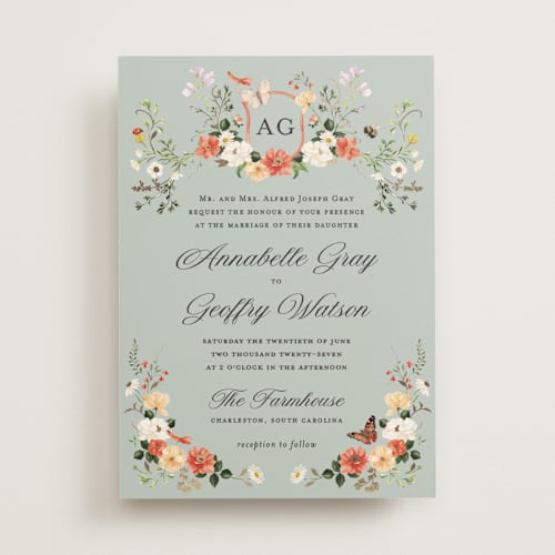 This is a mist foil stamped wedding invitations with foil pressed by Sarah Knight called fleur printing on signature in standard