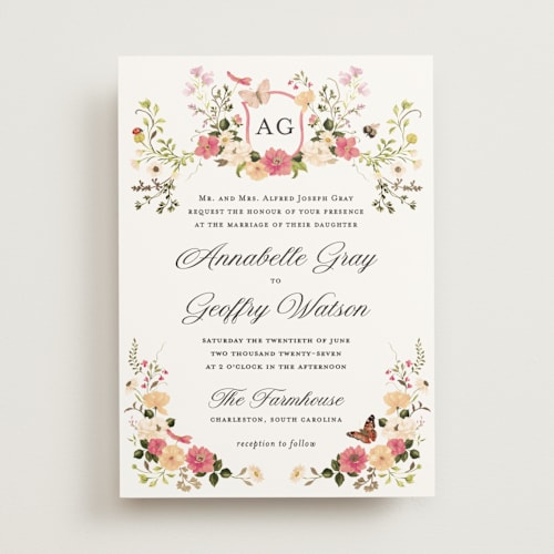 This is a romantic foil stamped wedding invitations with foil pressed by Sarah Knight called fleur printing on signature in standard