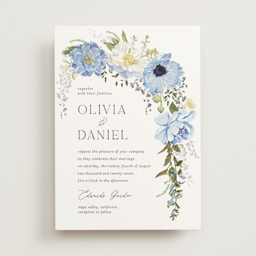 This is a azure foil stamped wedding invitations with foil pressed by Susan Moyal called timeless blooms printing on signature in standard