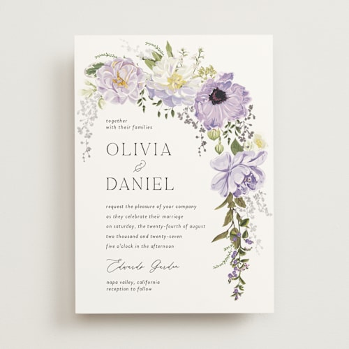 This is a wisteria foil stamped wedding invitations with foil pressed by Susan Moyal called timeless blooms printing on signature in standard