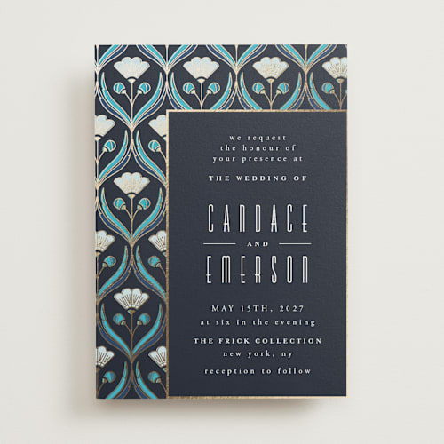 This is a cote d'azur foil stamped wedding invitations with foil pressed by Ana de Sousa called deco pattern printing on signature in standard