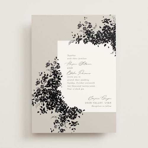 This is a smoke foil stamped wedding invitations with foil pressed by Robert and Stella called bouquet toss printing on signature in standard