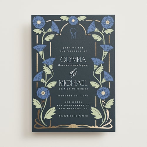 This is a lilac foil stamped wedding invitations with foil pressed by Hudson meet Rose called nouveau printing on signature in standard