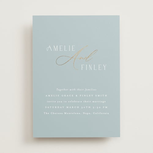 This is a dusty blue foil stamped wedding invitations with foil pressed by Angela Thompson called delicacy printing on signature in standard