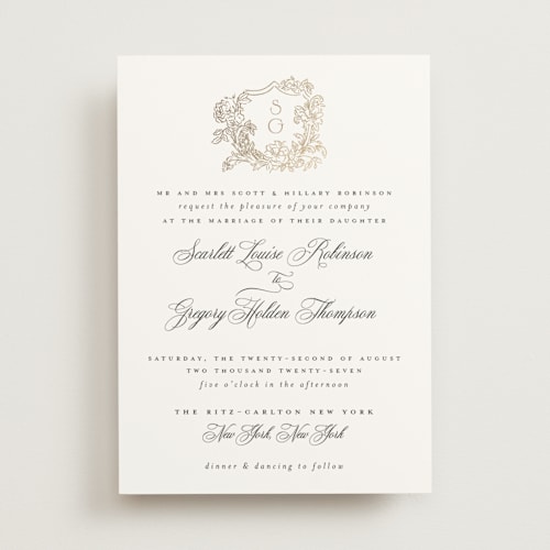 This is a pearl foil stamped wedding invitations with foil pressed by Jenna Holcomb called rococo printing on signature in standard