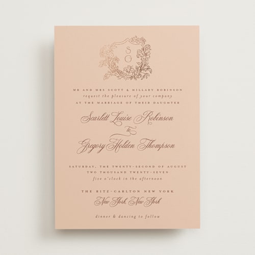 This is a peach foil stamped wedding invitations with foil pressed by Jenna Holcomb called rococo printing on signature in standard