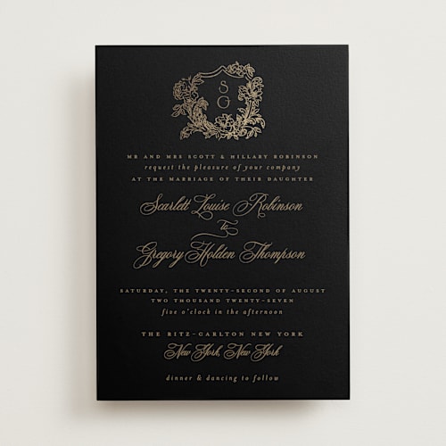 This is a noir foil stamped wedding invitations with foil pressed by Jenna Holcomb called rococo printing on signature in standard