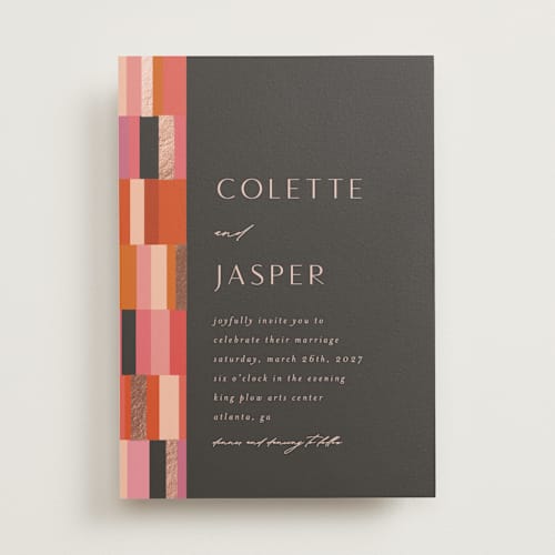 This is a fruit punch foil stamped wedding invitations with foil pressed by Morgan Kendall called patchwork border printing on signature in standard